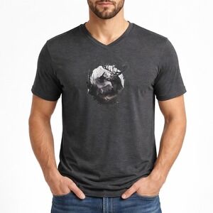 George Men's Graphic T Shirt V Neck Dark Heather Gray Deer Forest Nature Size M